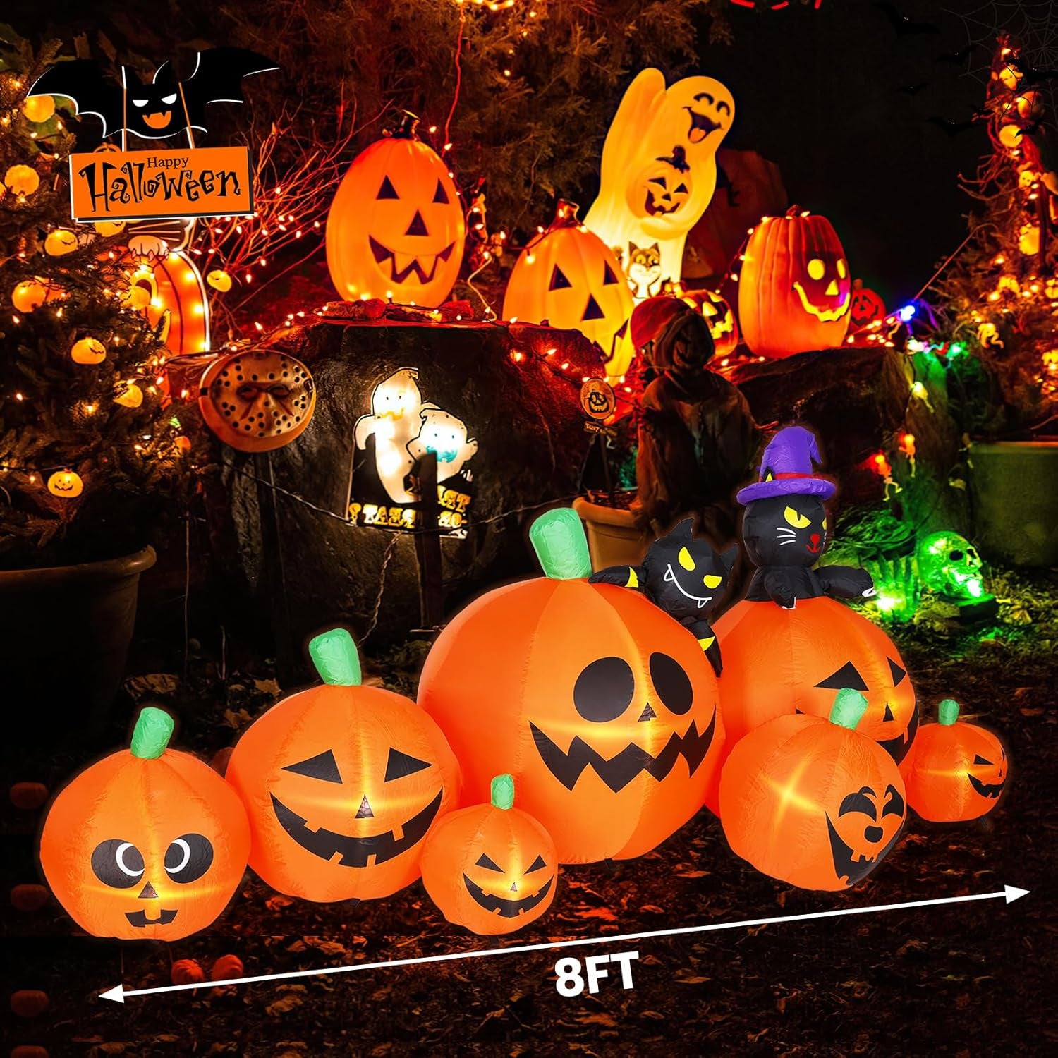 8 FT Halloween Inflatable Pumpkins with Ghosts Decorations Outdoor, Blow up Yard Decoration with Built-In LED Lights Décor for Outdoor Lawn Garden Holiday Party