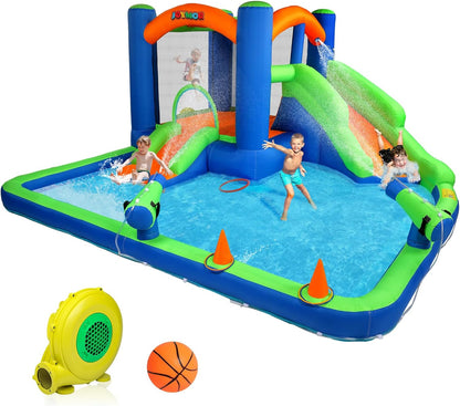 Inflatable Bounce House with Double Water Slide for Kids Toddler Age 3-10, Splash Pool Water Guns Ring-Toss Game for Outdoor Backyard Fun Water Toys Indoor Bouncy Castle with Air Blower