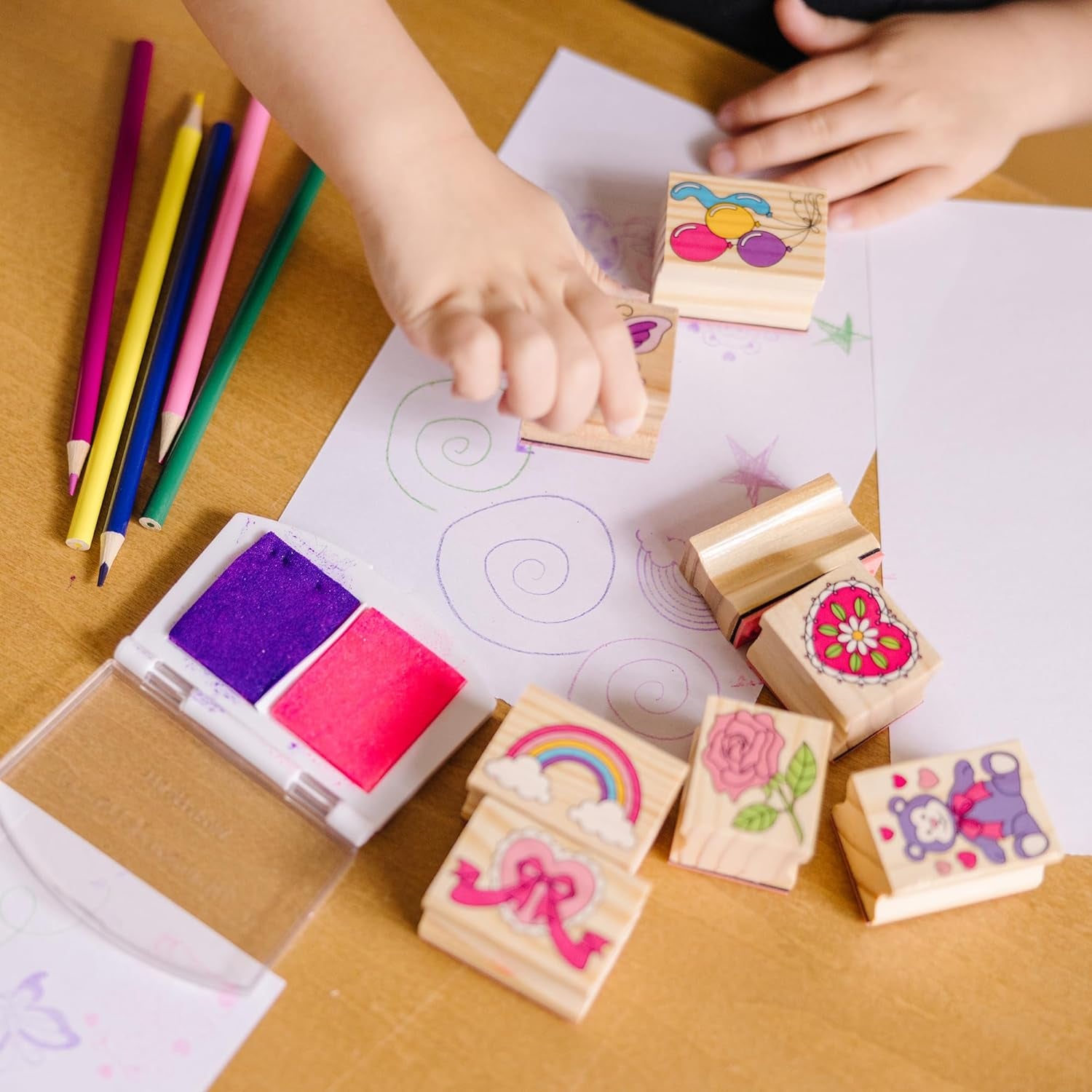 Wooden Stamp Set: Friendship - 9 Stamps, 5 Colored Pencils, and 2-Color Stamp Pad - FSC Certified