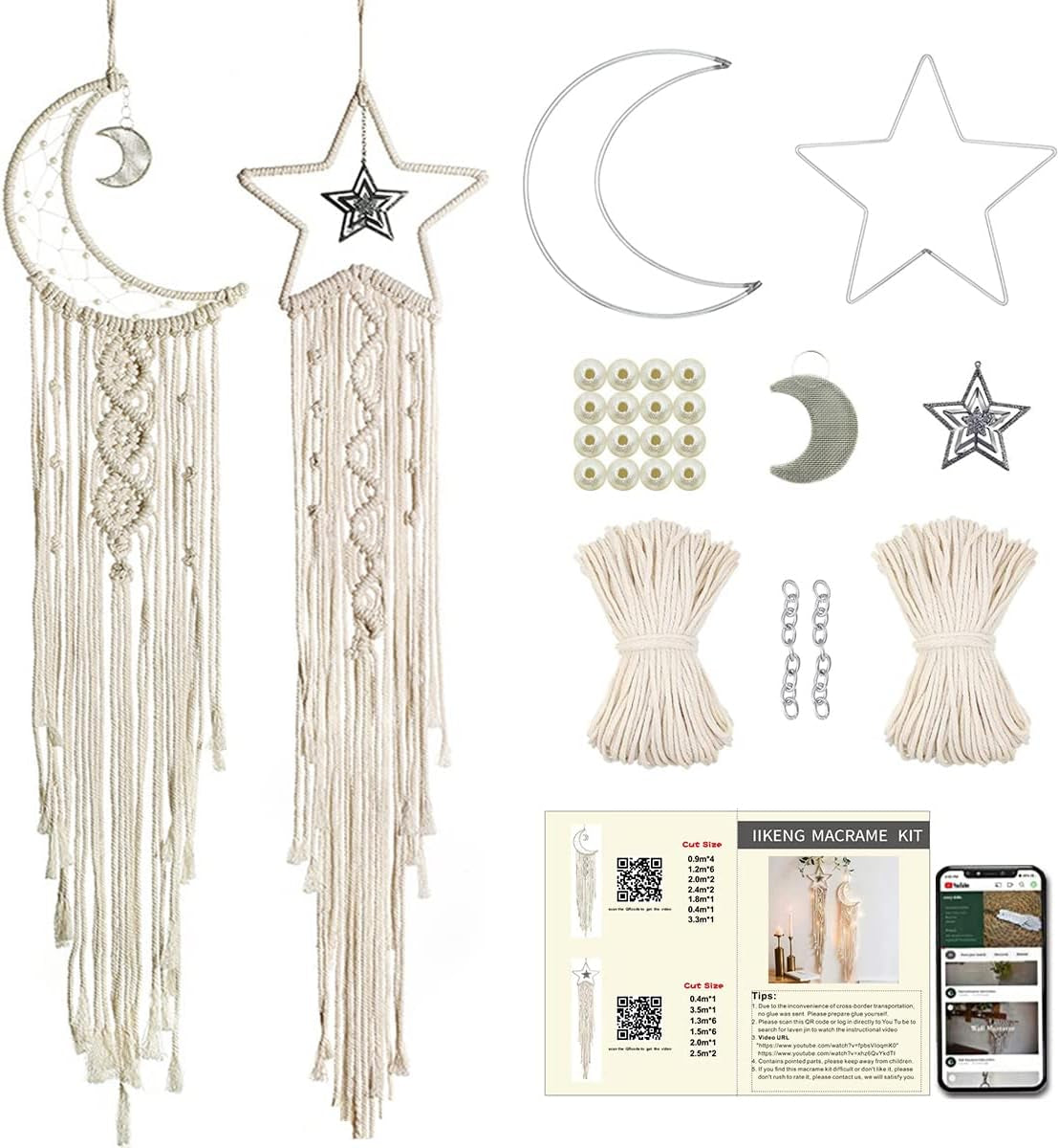 Moon+Star Macrame Kit, 2 in 1 Macrame Kits for Adults Beginners, Includes Macrame Cord and Instruction with Video, Macrame Wall Hanging Supplies, Craft Kits for Adults DIY Dream Catcher Kit