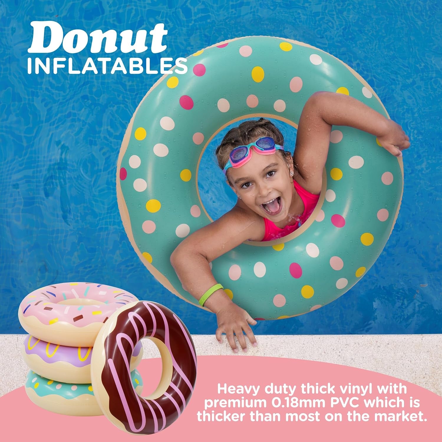 4 Pack Donut Pool Floats for Kids & Adults 30" Swim Rings Tubes Floaties for Swimming Pool, Donut Inflatable for Party Decorations Beach Toys by