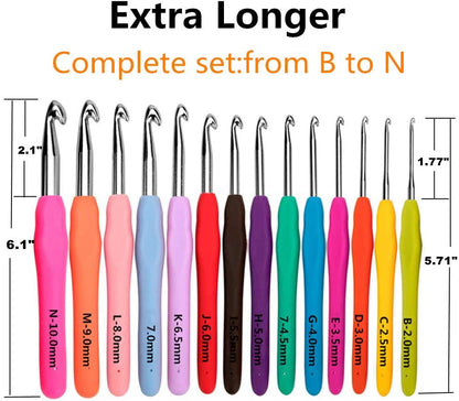 14 Size Crochet Hooks Set,Multicolor,2Mm(B)-10Mm(N) Ergonomic Crochet Hooks with Case for Arthritic Hands, Extra Long Crochet Needles