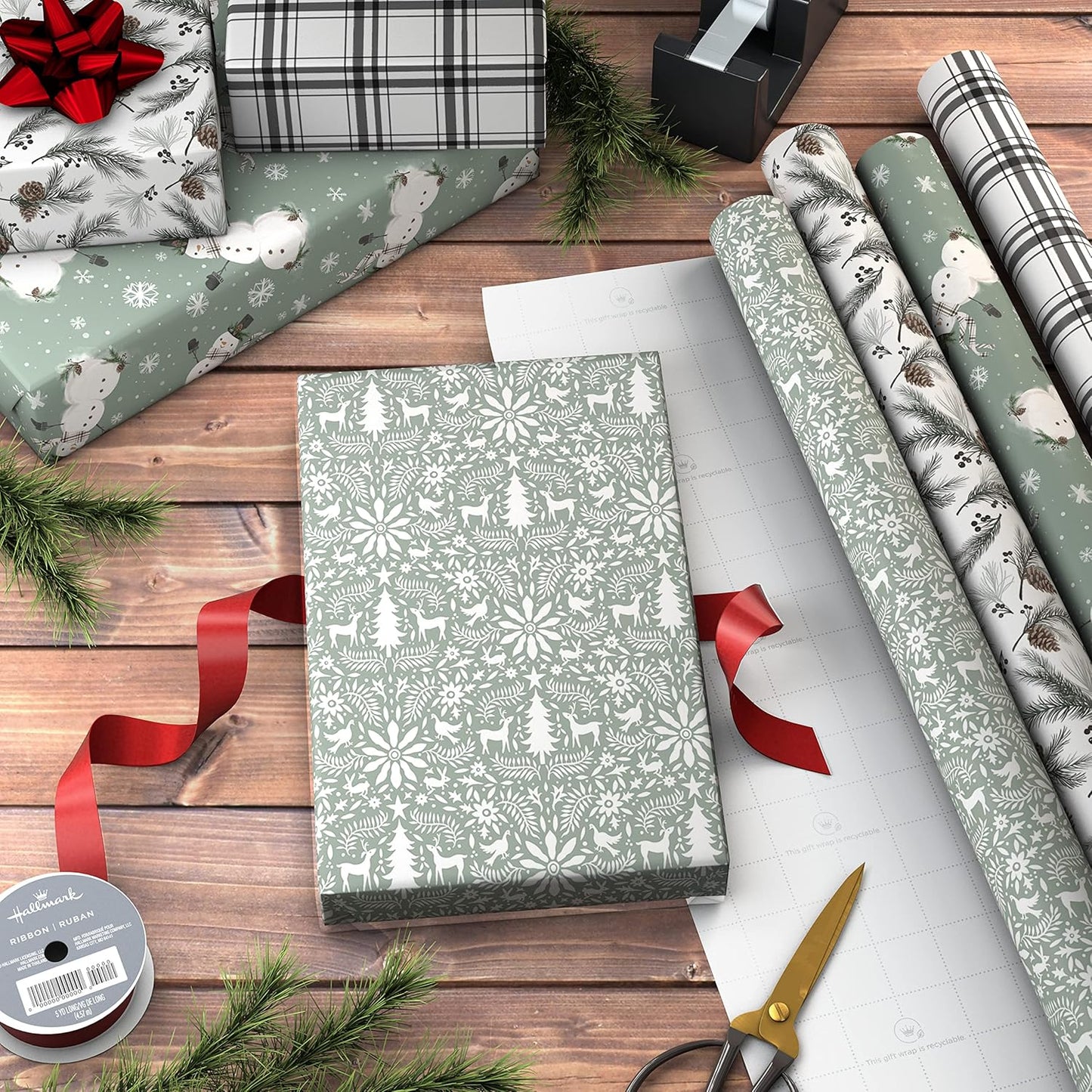 Recyclable Neutral Christmas Wrapping Paper (4 Rolls: 100 Sq. Ft. Ttl) White and Sage Green Evergreen Pinecones, Rustic Snowmen, Plaid, Nordic Deer and Foliage