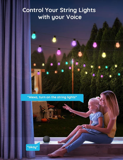 Smart Outdoor String Lights H7020, RGBIC Warm White 48Ft LED Bulbs, Wifi Patio Lights Work with Alexa, Google Assistant, APP Control, IP65 Waterproof for Halloween Decorations, Christmas