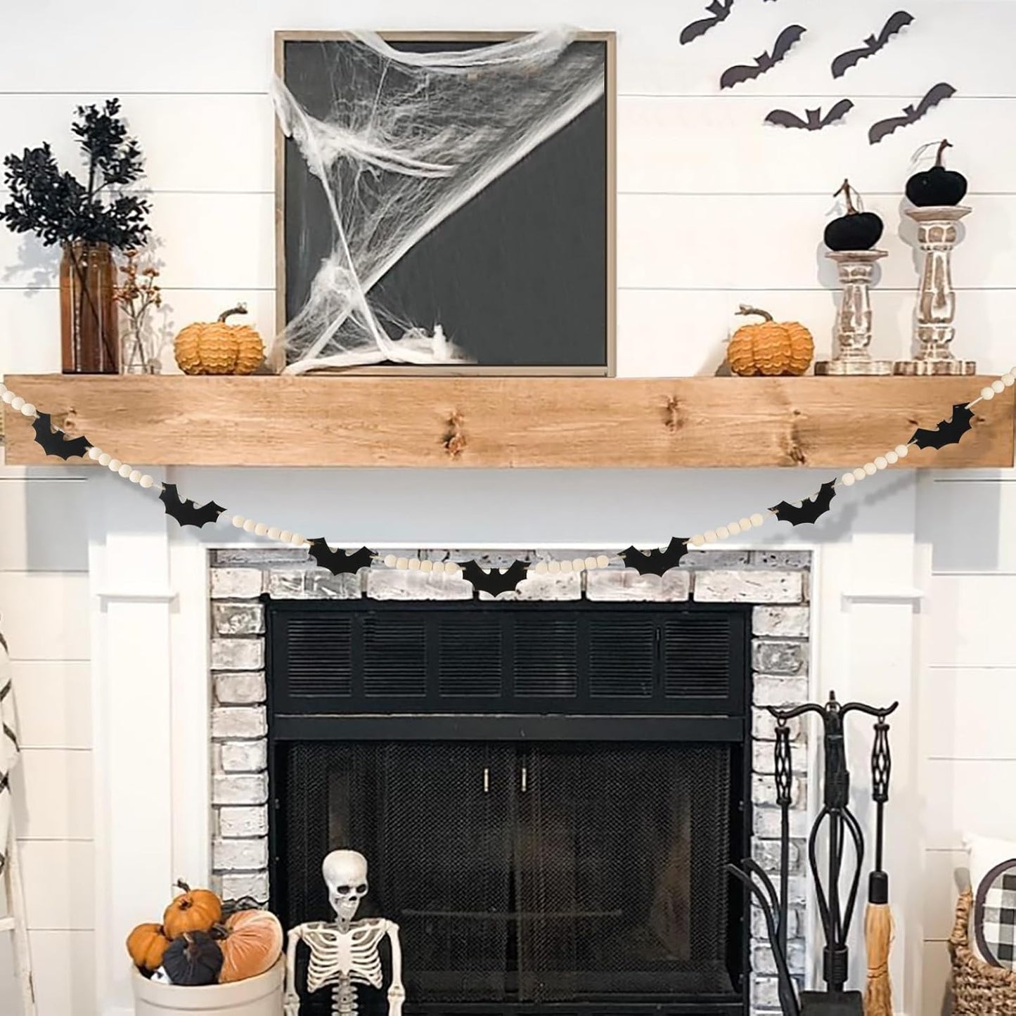 Halloween Decorations-Black Felt Bats Wood Beads Garland for Halloween Decorations Indoor- Farmhouse Felt Banner for Fireplace Mantel Walls