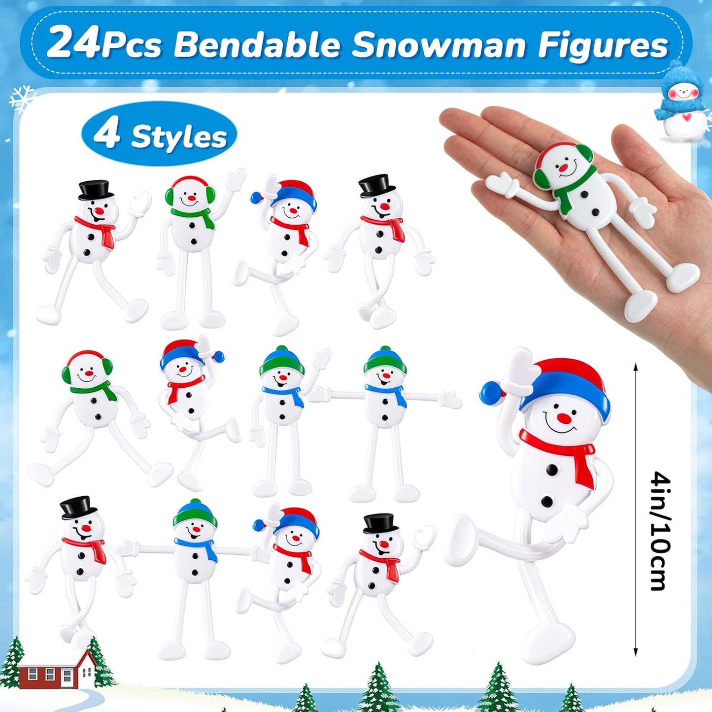 24 Pcs Christmas Holiday Character Christmas Bendable Figures Snowman Bendable for Christmas Party Favors Prizes Goodie Bag Winter Stocking Stuffers, 4 Assorted Styles