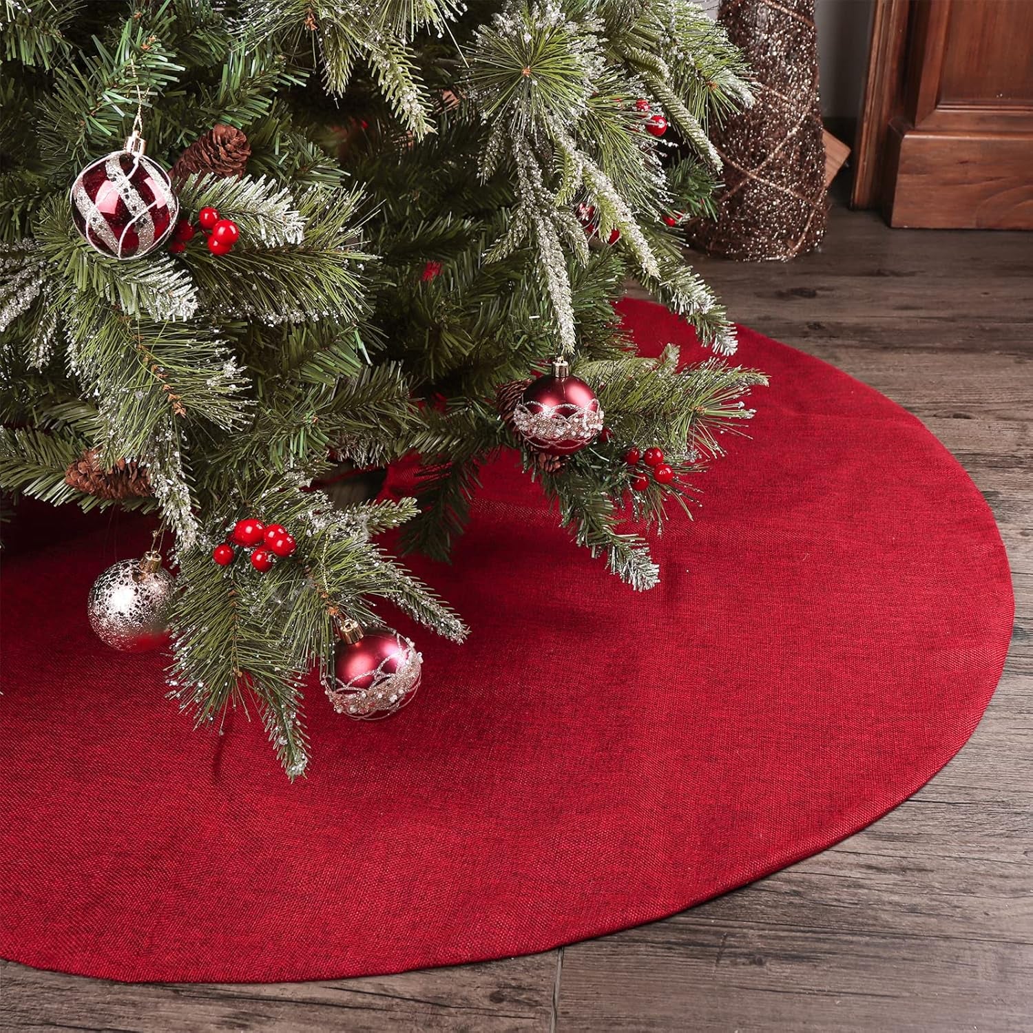 Christmas Tree Skirt Red: 48 Inches Burgundy Burlap Double-Layer Plain Xmas Tree Skirt, Rustic Farmhouse Xmas Tree Decorations Indoor for Kids Home School Office Holiday Party Decor