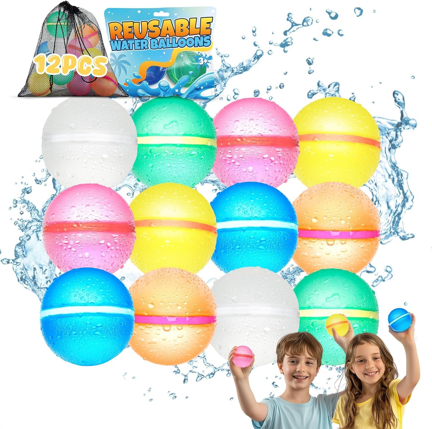 Reusable Water Balloons for Kids - Summer Toys, Pool Beach Water Toys for Boys and Girls, Silicone Water Balloons Quick Fill Splash Balls Bomb Party Supplies Outdoor Idea with Mesh Bag (12 Pcs)