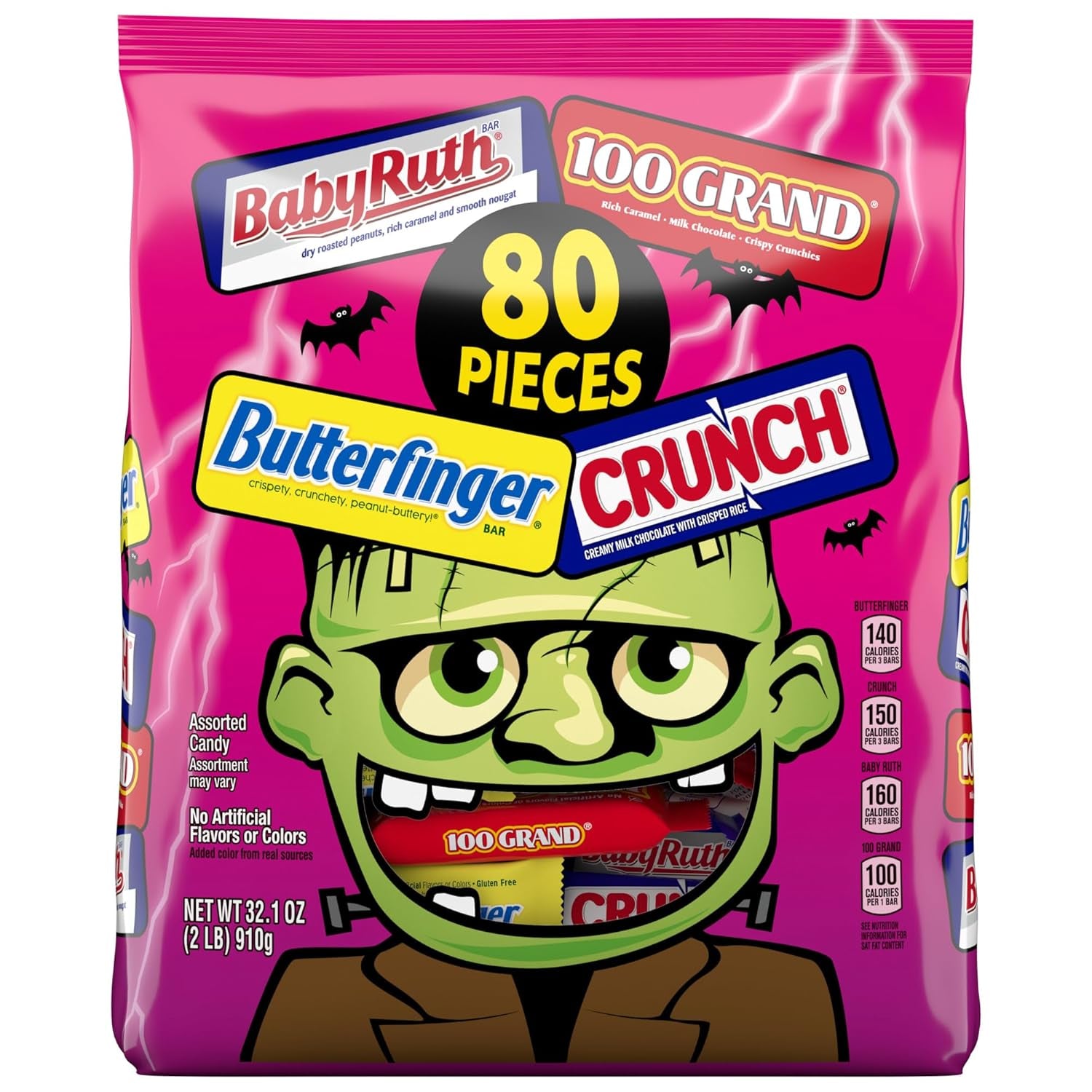 CRUNCH, Baby Ruth and 100 Grand, 80 Count, Assorted Mini and Fun Size Individually Wrapped Candy Bars, Halloween Candy, 32.1 Oz