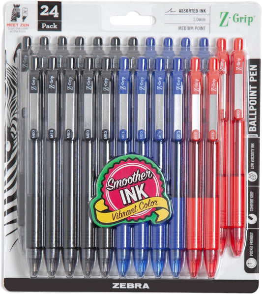 Pen Z-Grip Retractable Ballpoint Pen, Medium Point, 1.0Mm, Assorted Business Colors, 24 Pack (Packaging May Vary)