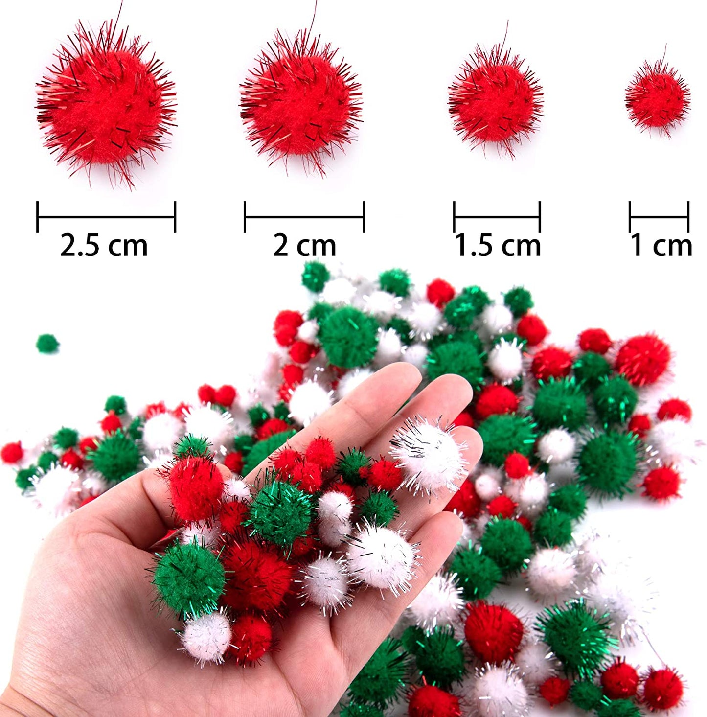 1200 Pieces Christmas Pom Pom Tinsel Pom Pom Balls Glitter Fluffy Pom Pom for Craft Making and Christmas Decorations (4 Sizes, White, Green, Red)