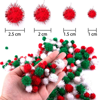 1200 Pieces Christmas Pom Pom Tinsel Pom Pom Balls Glitter Fluffy Pom Pom for Craft Making and Christmas Decorations (4 Sizes, White, Green, Red)