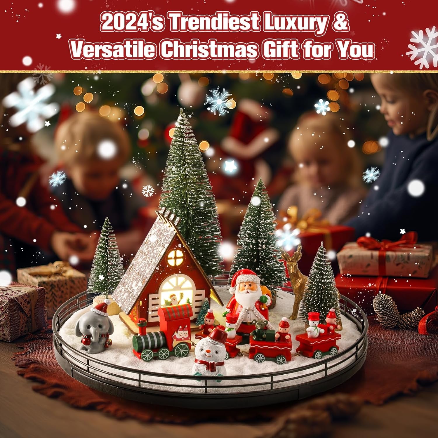 12 Pcs Christmas Table Decorations Indoor Christmas Village Sets, Winter Xmas Holiday 13” Lazy Susan with Light-Up House Christmas Trees Santa Snowman Table Centerpieces Town Building Collection Décor