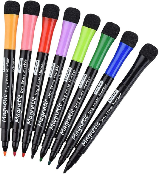Magnetic Dry Erase Markers - Fine Tip, Assorted Colors, 8 Pack, Low Odor Whiteboard Markers for Kids, Work on White Board & Calendar, Refrigeratorr