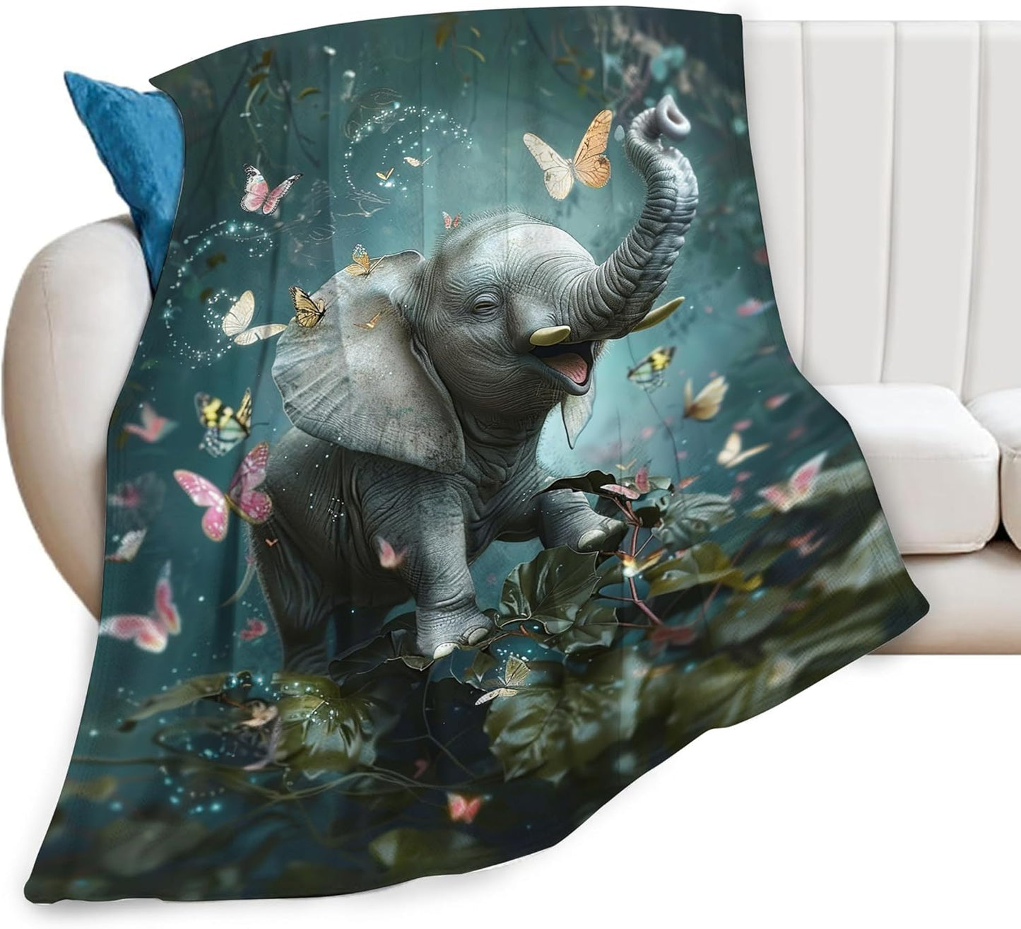 Fantasy Elephant Butterfly Blanket Elephant Gifts for Women Girls Super Warm Soft Cozy Elephant Throw Blanket Plush Flannel Blanket for Kids Adults Bed Birthday Gifts 60"X80"