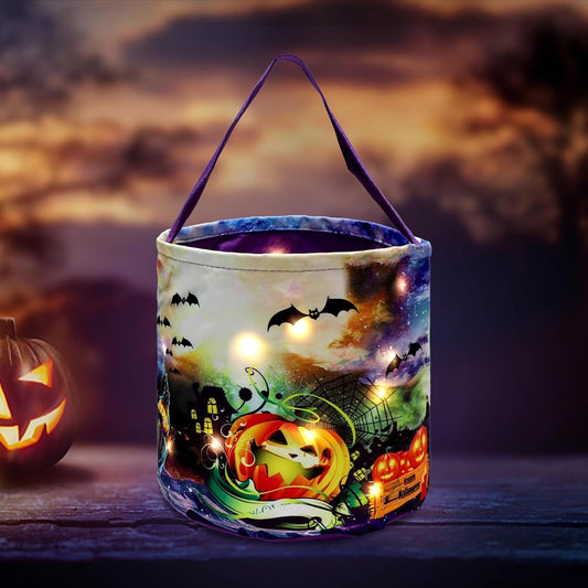 Halloween Trick or Treat Candy Bags LED Light up Pumpkin Bucket, Collapsible Reusable Candy Basket, Fabric Tote Gift Goody Bags for Kids Halloween Party (Purple-Led)