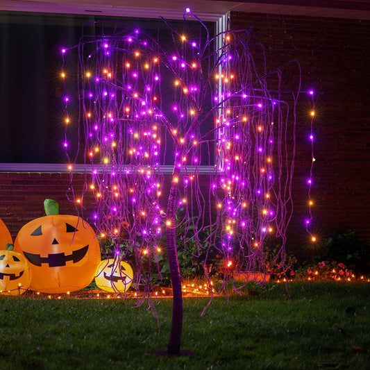 7 Feet Halloween Willow Tree, 256 LED Lights for Home, Festival, Nativity,Party, and Christmas Decoration,Includes Spiders and White Cobweb,Indoor Outdoor Use,Orange & Purple