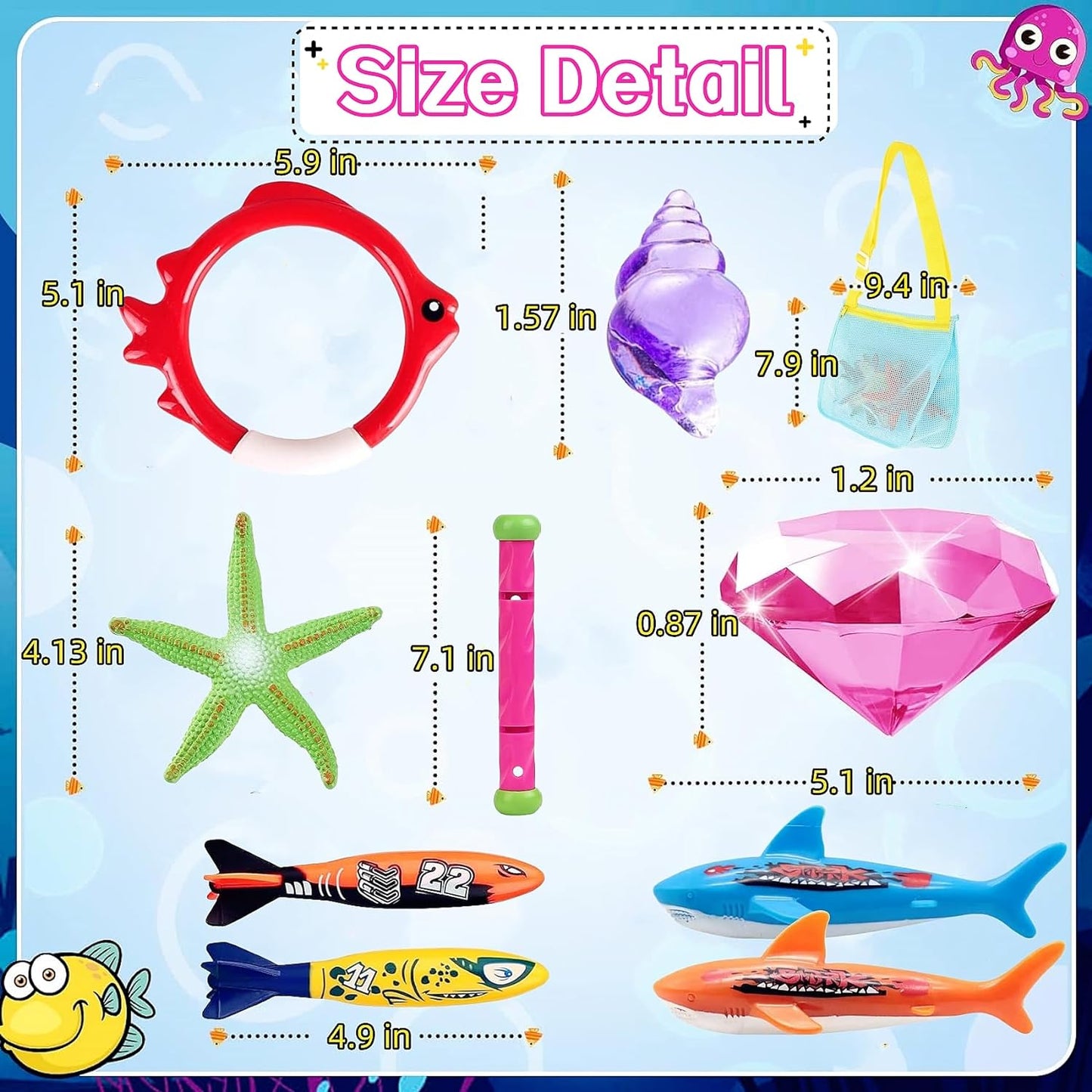 24 Pcs Diving Pool Toys for Kids with Storage Mesh Bag, Summer Pool Games Underwater Swimming Toys for Boys Girls Toddlers