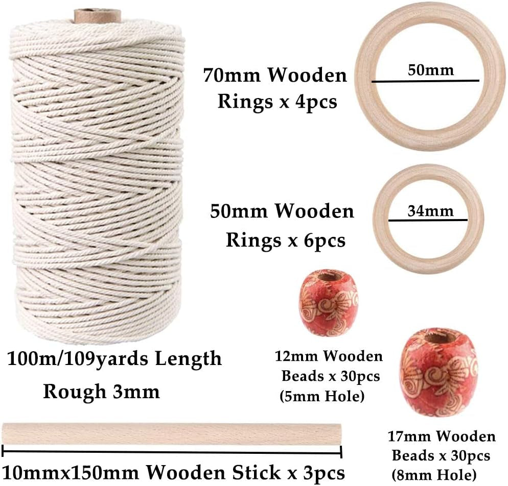 120Pcs Macrame Kits for Beginners 3Mm X 109Yards Natural Cotton Macrame Cord with Wooden Beads & Rings,Wooden Sticks,Metal Rings Macrame Supplies Best for Macrame Plant Hanger