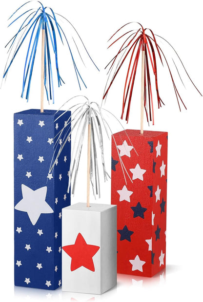 3 Pcs 4Th of July Wooden Firework Patriotic Tiered Tray Decor Independence Day Centerpiece Memorial Day Table Decor Patriotic Wooden Centerpiece for Home Decorations(Stripe and Star)