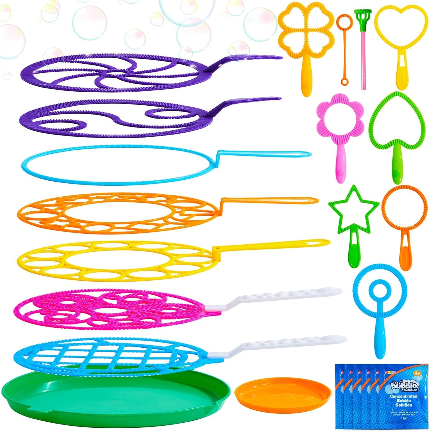 Big Bubble Wands Set Bulk for Kids Summer Outdoor Activity Party Favors, 18 Pcs Giant Bubble Maker with Tray, 12" Large, 6 Pcs Bubble Solution Suitable for All Age People