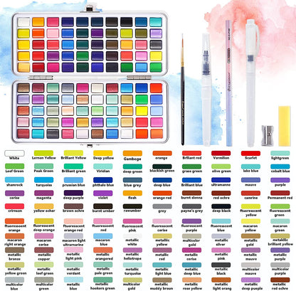 Watercolor Paint Set, 100 Colors in Metal Gift Box, Including Vivid, Metallic, Pearlescent and Fluorescent Colors, Travel Watercolor Set with Brush Pen for Kids Adults (100 COLORS)