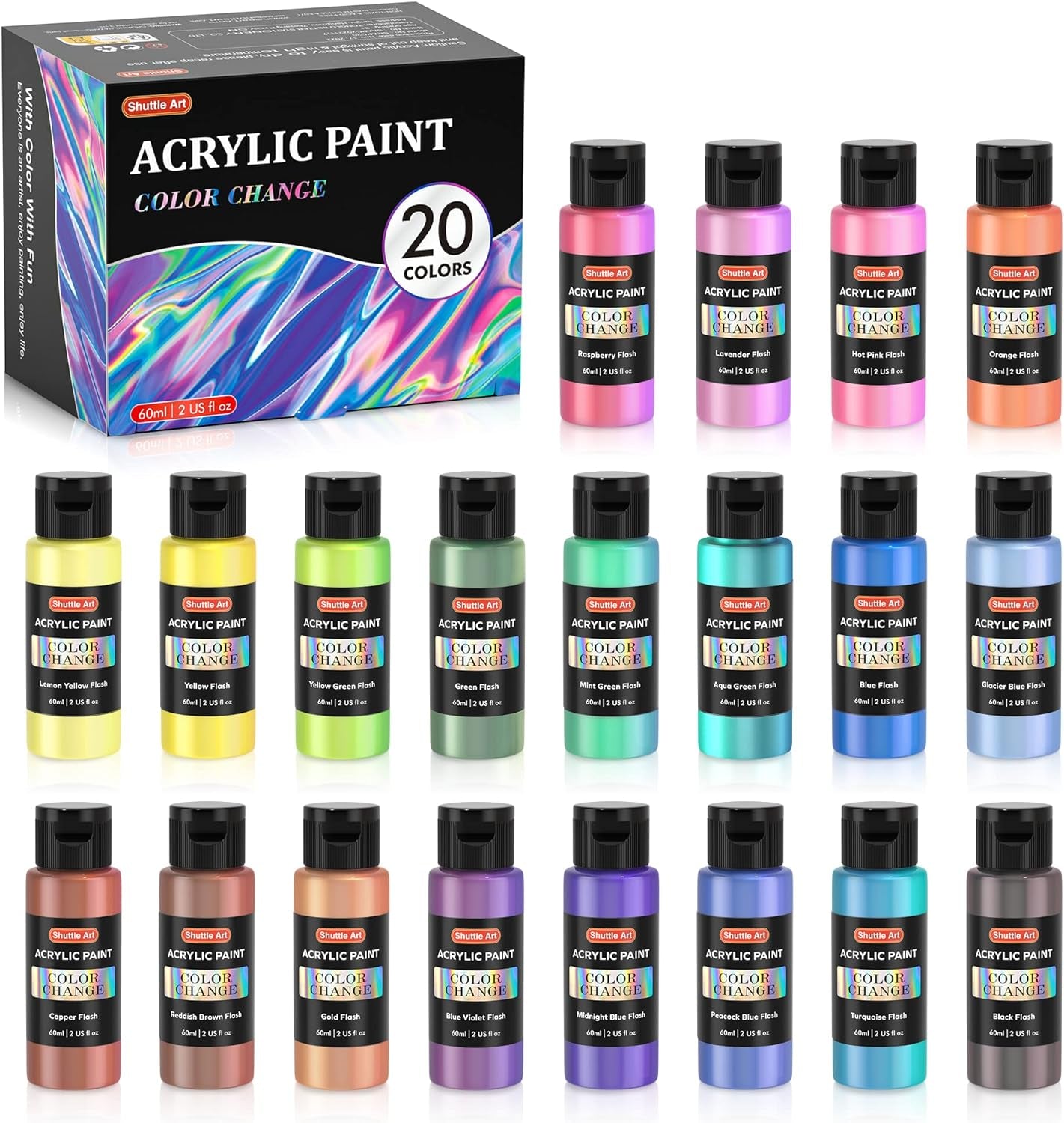 54 Colors Acrylic Paint,  Acrylic Paint Set with 12 Paint Brushes, 2Oz/60Ml Bottles, Rich Pigmented, Water Proof, Premium Paints for Artists, Beginners and Kids on Canvas Rocks Wood Ceramic