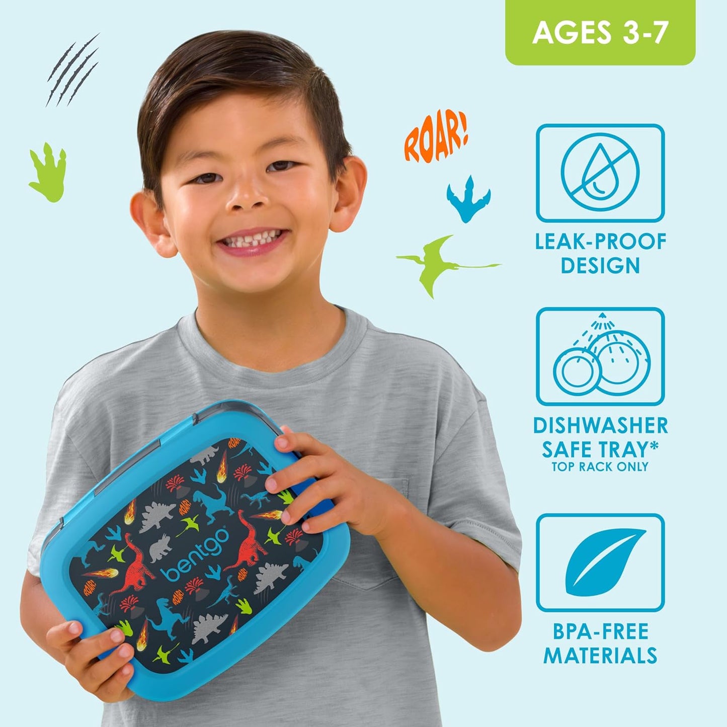 ® Kids Prints Leak-Proof, 5-Compartment Bento-Style Kids Lunch Box - Ideal Portion Sizes for Ages 3-7, Durable, Drop-Proof, Dishwasher Safe, & Made with Bpa-Free Materials (Dinosaur)