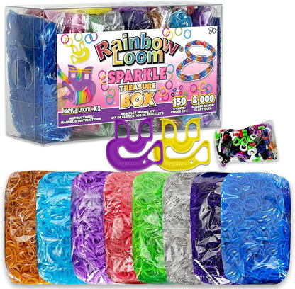 ® Treasure Box Sparkle Edition, 8,000 Rubber Bands in 8 Different Sparkly Colors, and a BONUS of 2 Happy Looms, Great Activities for Boys and Girls 7+