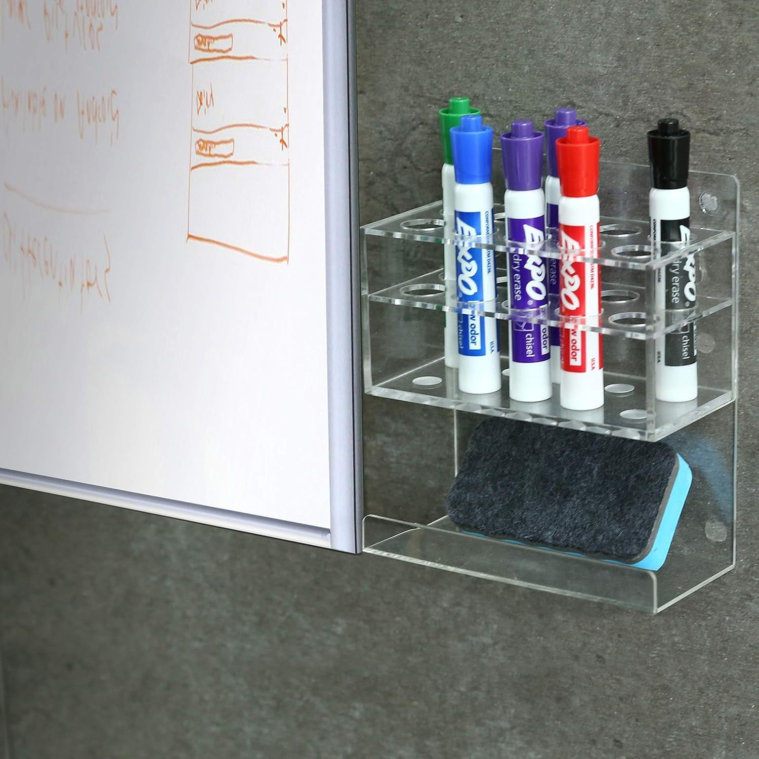 Wall Mounted Dry Erase Whiteboard Marker Holder Stand with 10 Marker Slots and Eraser Holder, Clear