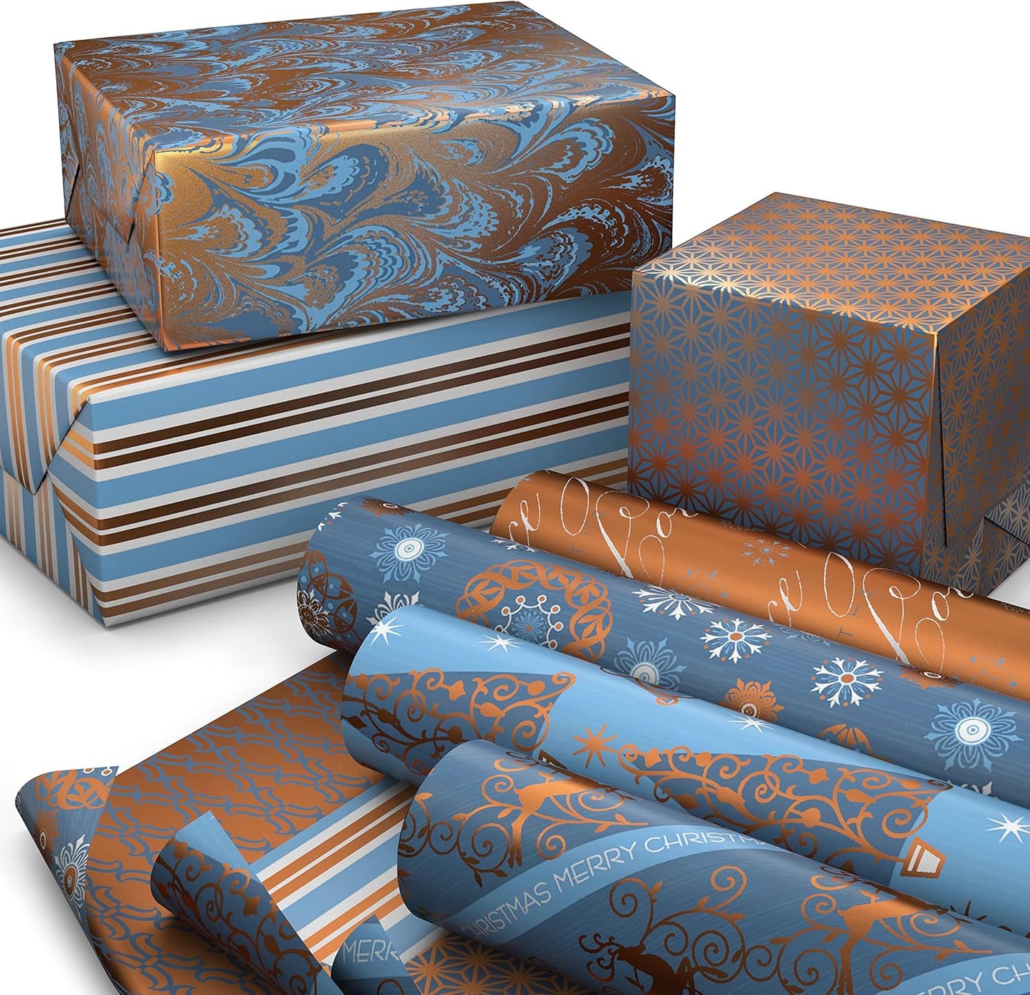 Reversible Christmas Wrapping Paper Bundle, Elegant Blue and Gold (4 Rolls: 150 Sq. Ft. Ttl.) Dark Blue, Gold, Teal Snowflakes, Peace, Stripes, Geometric