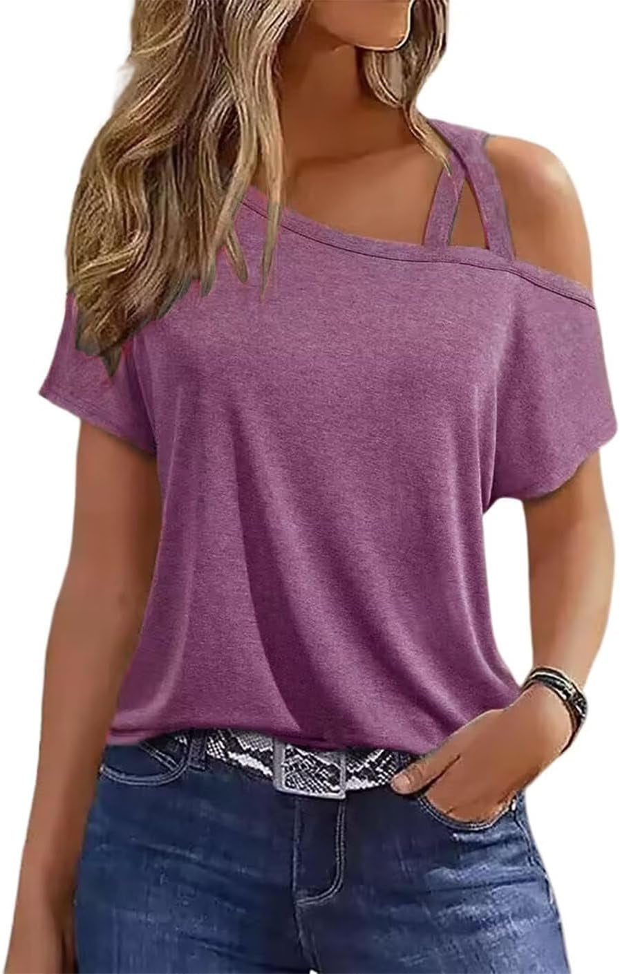 Criss-Cross One Shoulder Tops Sexy Cold Shoulder Shirts Summer Short Sleeve T-Shirts Vacation Loose Casual Tees