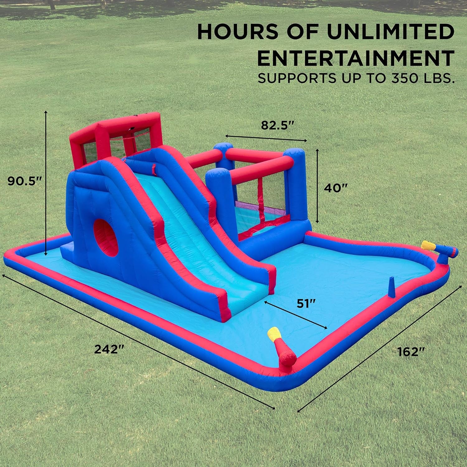 2-In-1 Bounce & Blast Inflatable Water Slide Park – Heavy-Duty for Outdoor Fun - Climbing Wall, Slide, Bouncer & Splash Pool – Easy to Set Up, Included Air Pump & Carrying Case