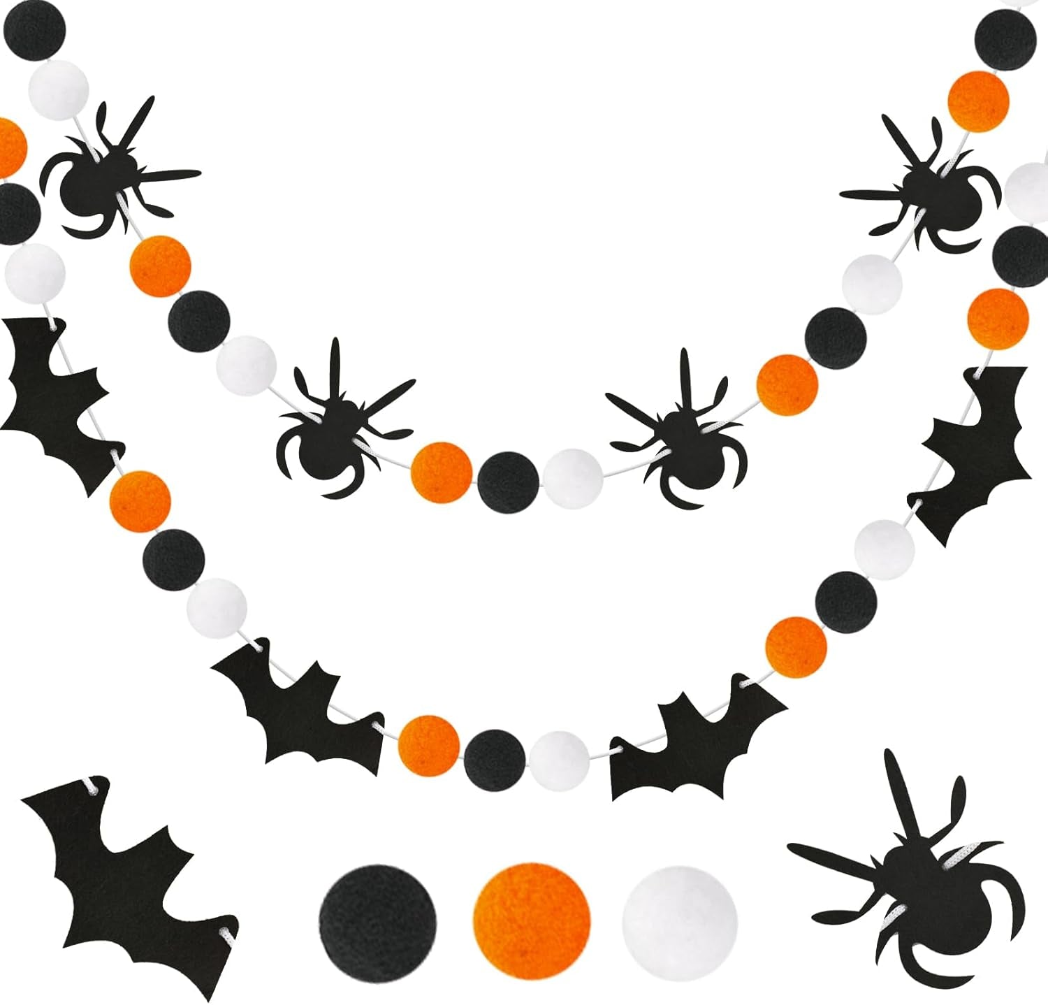 Halloween Felt Garland, Spider Felt Garland, Prestrung Bat Garland with Pompom Balls, Black White Orange Felt Garland, Halloween Garlands for Mantle, Fireplace, Indoor or Outdoor Decoration