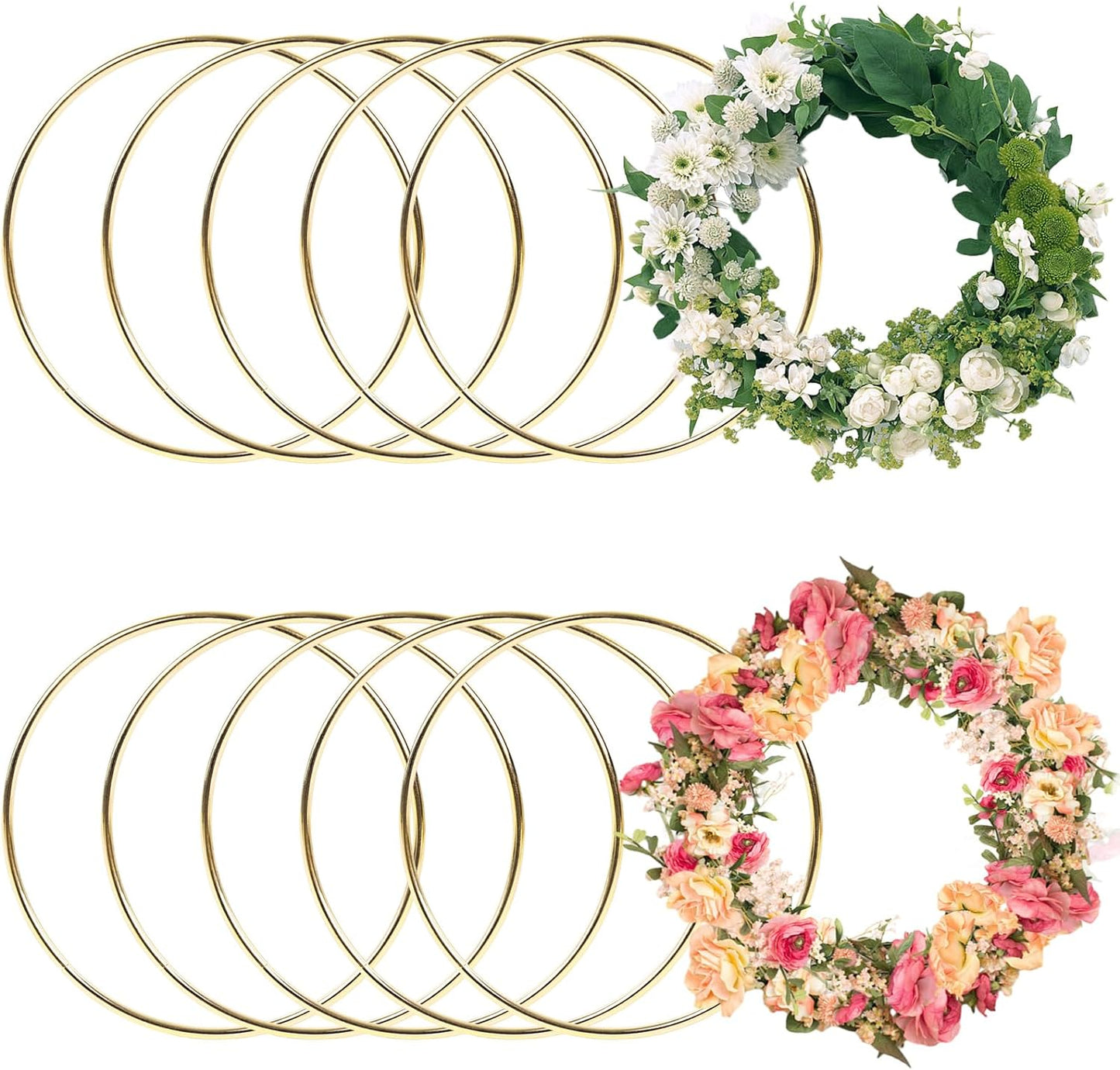 Dream Catcher Rings, 10PCS Wreath Macrame Rings Gold Metal Floral Hoops for Making Wedding Wreath Decor Wall Hanging Crafts, 5 Sizes