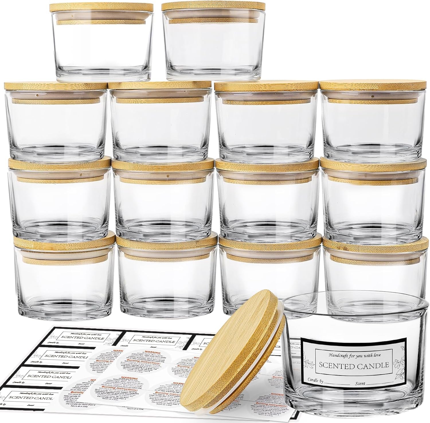 15 Pack 4 OZ Clear Glass Candle Jars with Airtight Bamboo Lids for Making Candles, Bulk Small Wide Mouth Empty Candle Containers with Sticky Warning Labels - Dishwasher Safe