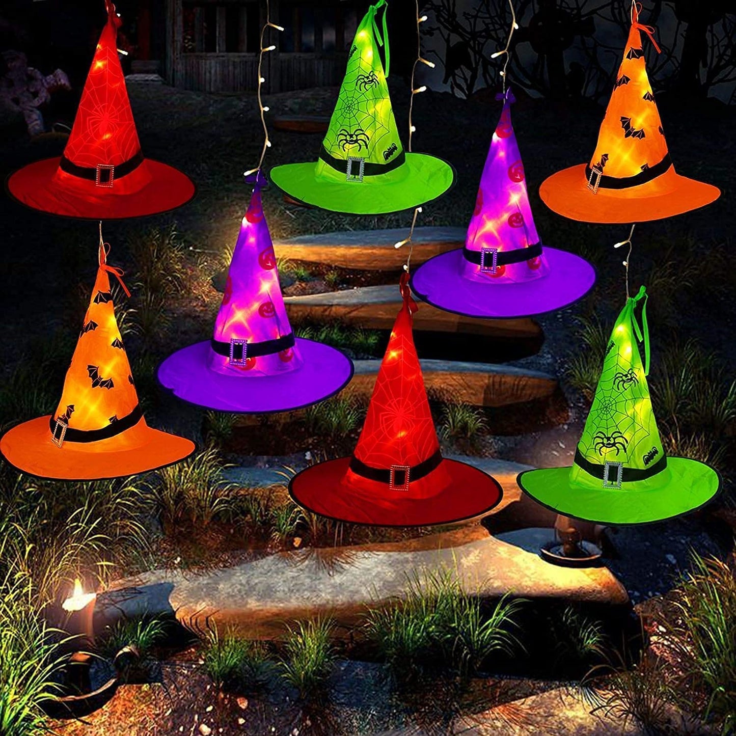 Halloween Decorations Lighted Witch Hats, 8Pcs Hanging Glowing Witch Hats 44Ft Halloween Outdoor Lights String with 8 Lighting Modes for Outdoor, Garden, Yard, Tree