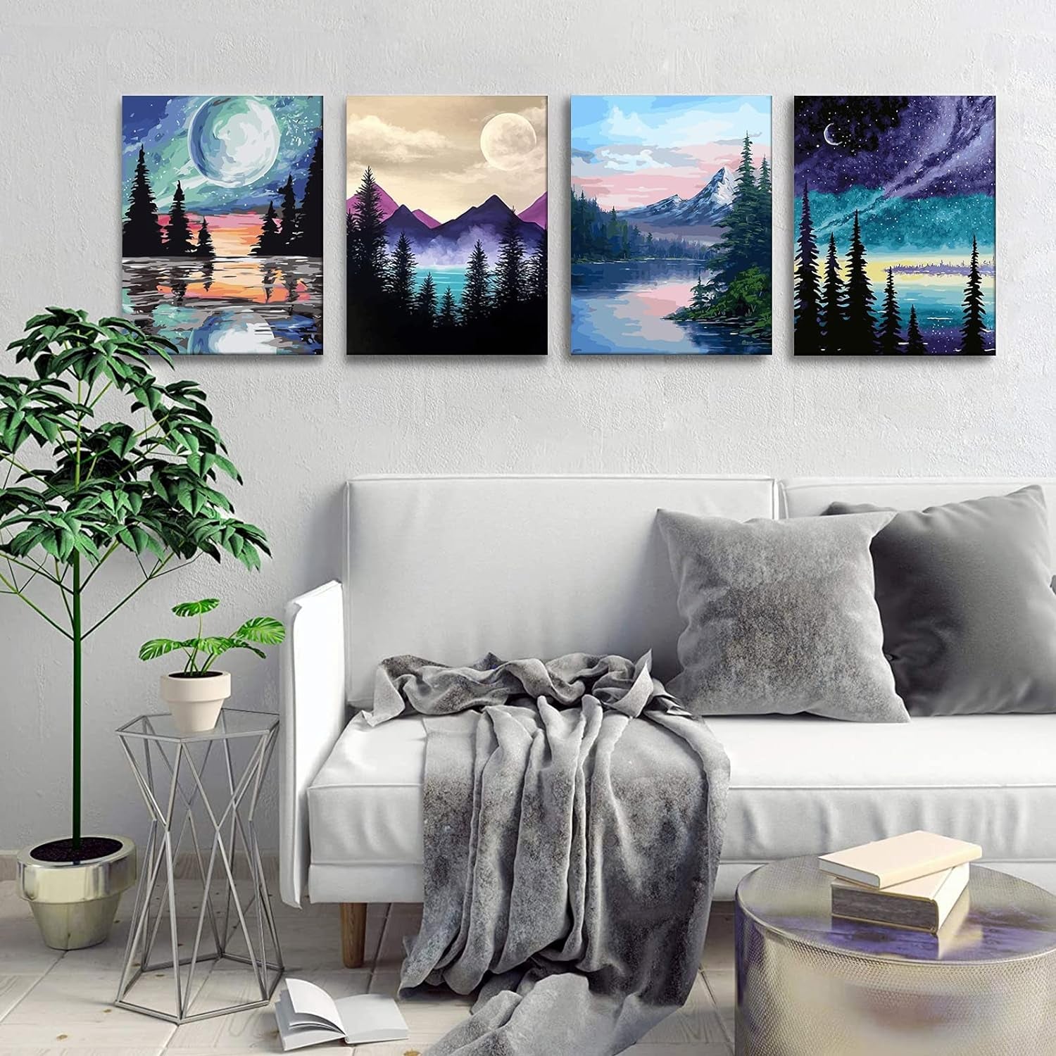 4 Pack Paint by Number for Adults Framed Canvas, DIY Arts and Crafts for Adults Beginner with Wooden Easel, Paint Brushes, Acrylic Paint Set for Home Wall Decor, 9 * 12 Inch