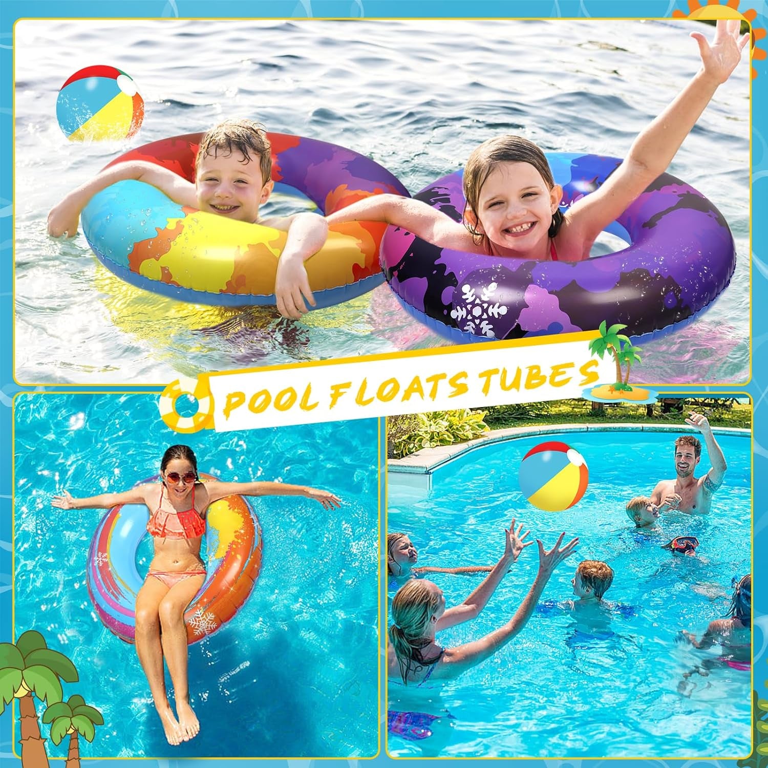 6Pcs Pool Floats Tubes, Colorful Inflatable Pool Floats Kids, Pool Floaties Beach Swimming Rings Party Toys for Kids and Adults
