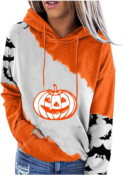 Halloween Hoodie for Women 2024 Scary Pumpkin Printed Long Sleeve Sweatshirts Pullover Cute Costumes with Pockets