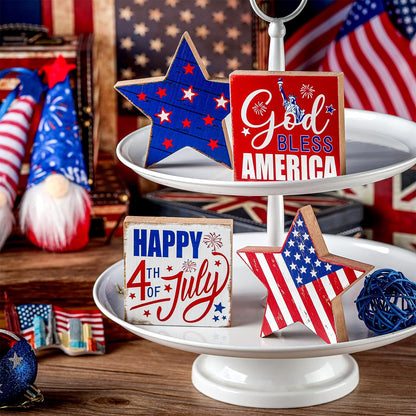 4 Pcs 4Th of July Patriotic Tiered Tray Decor Memorial Day Independence Table Decorations Farmhouse Stars Centerpiece Wood Signs Lady Liberty Signs Standing Blocks Red White Blue (Star)