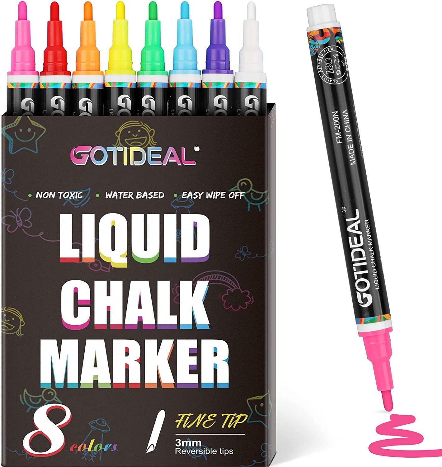 Liquid Chalk Markers, Fine Tip 8 Colors Washable Window Chalkboard Glass Pens, Paint and Drawing for Car, Blackboard, & Bistro,Kids and Adults, Non-Toxic,Wet Erase - Reversible Tip