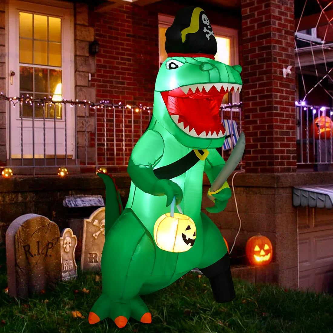 7 FT Halloween Inflatables Dinosaur Outdoor Decorations Blow up Yard Pirate Dinosaur with Pumpkin Decoration with Built-In Leds for Indoor Party Garden Lawn Decor