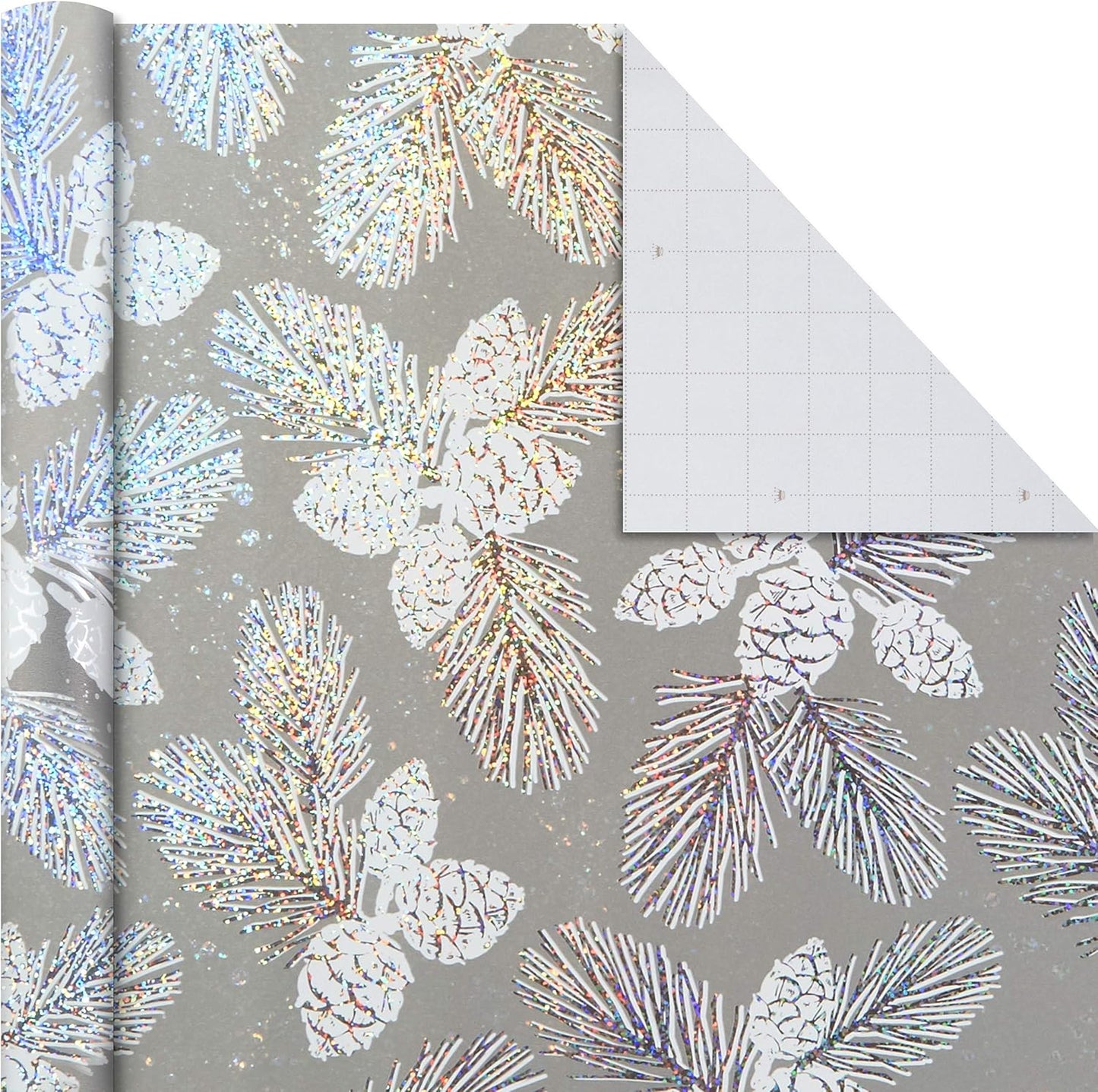 Christmas Wrapping Paper Bundle with Cutlines on Reverse (3 Rolls: 80 Sq. Ft. Ttl) Teal and Silver, Elegant Woodland with Deer, Holographic Pinecones