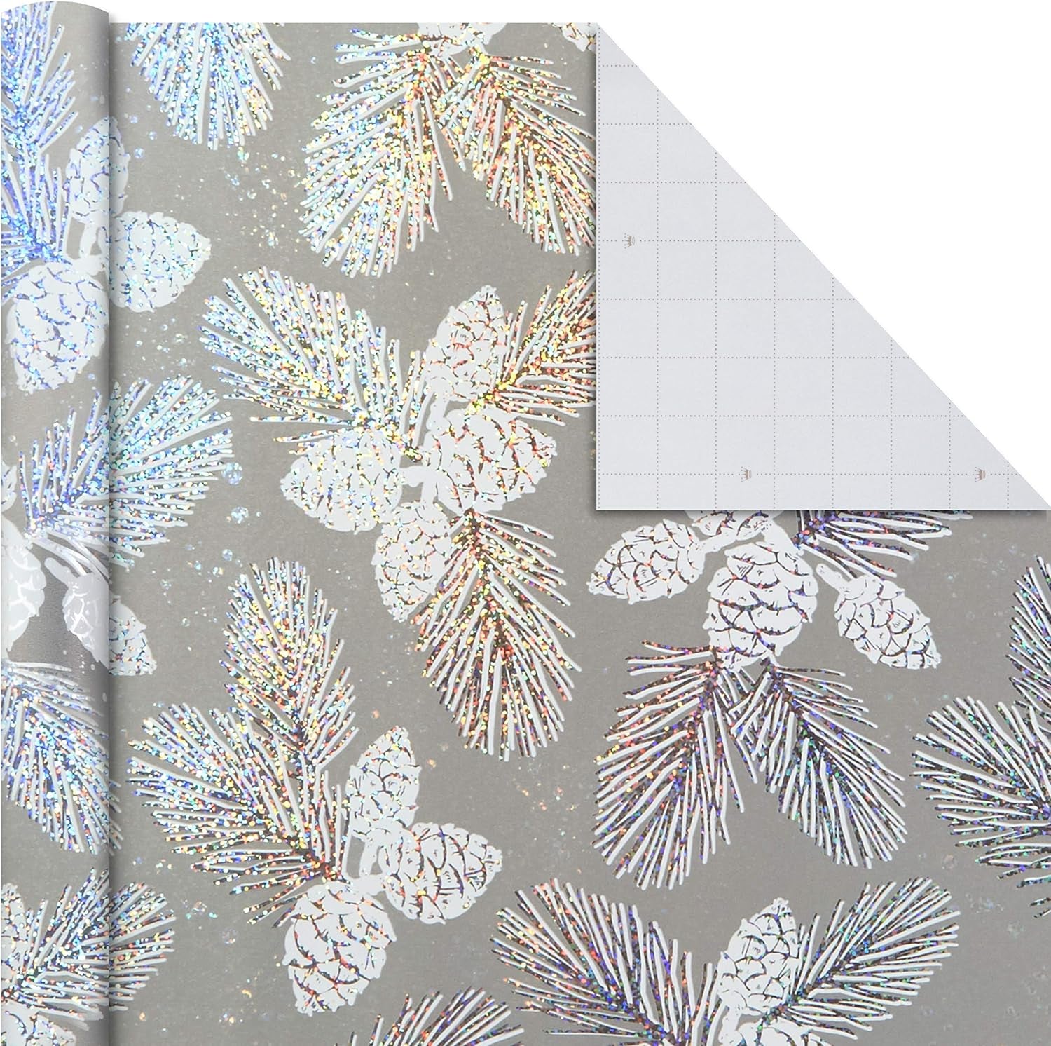 Christmas Wrapping Paper Bundle with Cutlines on Reverse (3 Rolls: 80 Sq. Ft. Ttl) Teal and Silver, Elegant Woodland with Deer, Holographic Pinecones