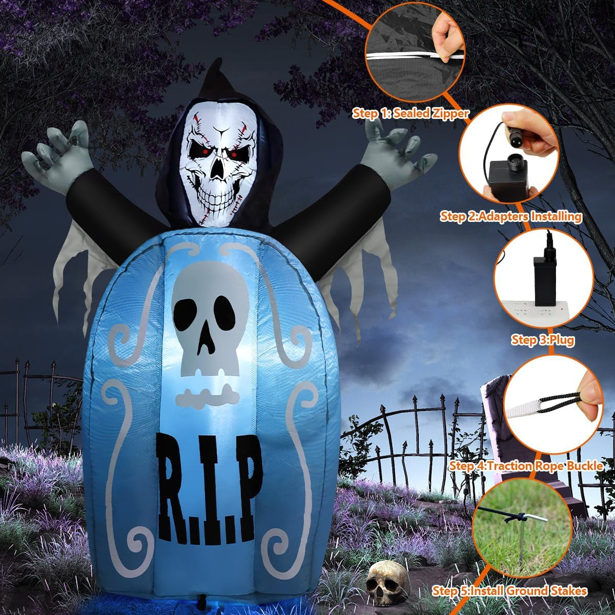 5.3 FT Halloween Inflatables Ghost Tombstone Outdoor Decorations,Blow Ups Scary Halloween Inflatable with Built-In LED Light for Party Indoor Yard Lawn Decor