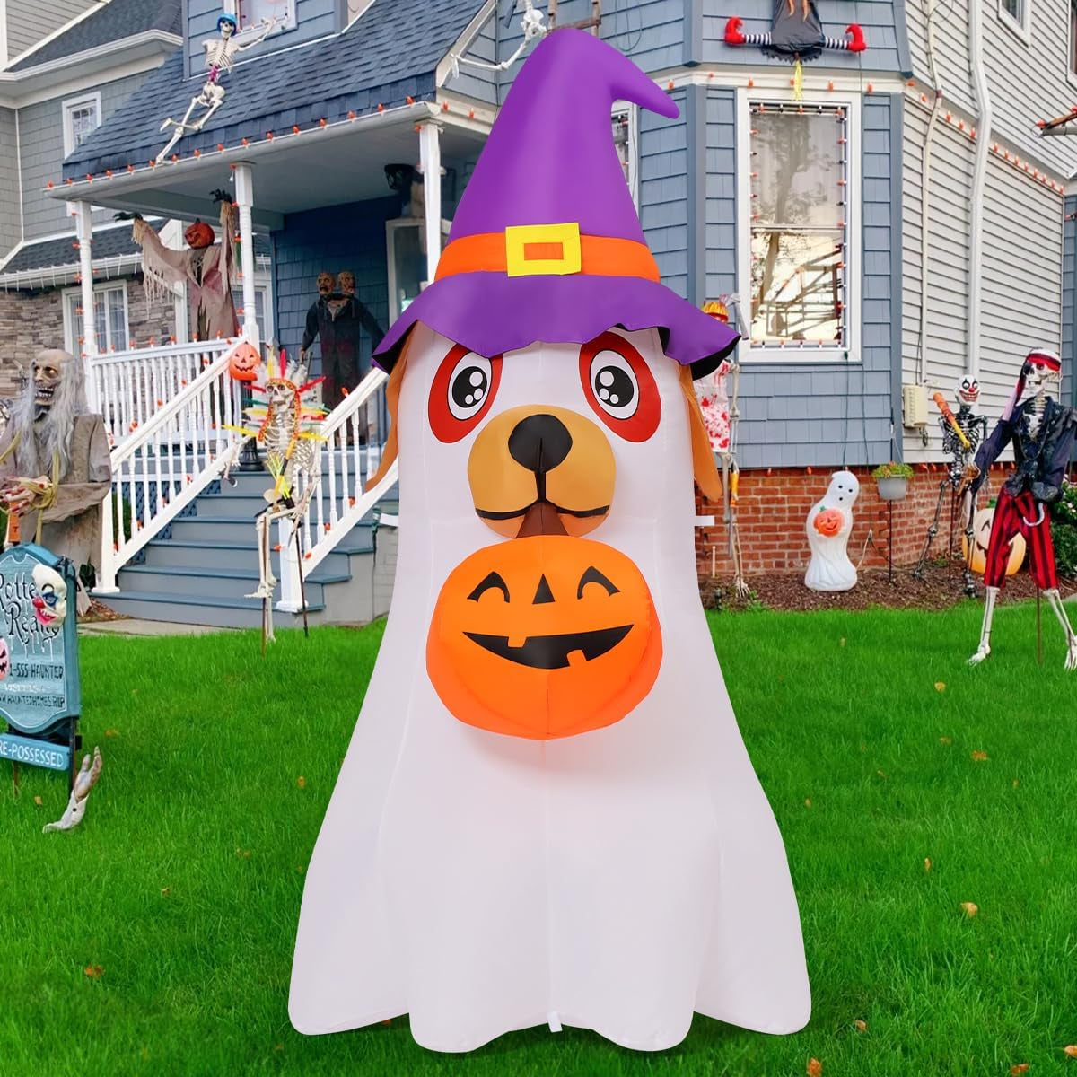 6.2 FT Halloween Inflatables Dog Outdoor Decorations Blow up Yard Cute Puppy Ghost with Pumpkin with Built-In Leds for Indoor Party Garden Lawn Holiday Decor