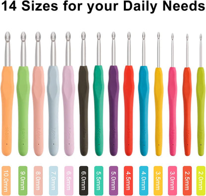 14 Piece Crochet Hooks Set, Crochet Hooks for Beginners Adults, Soft Grip Crochet Needles Tools with Storage Case，Ergonomic Crochet Hooks for Arthritic Hands