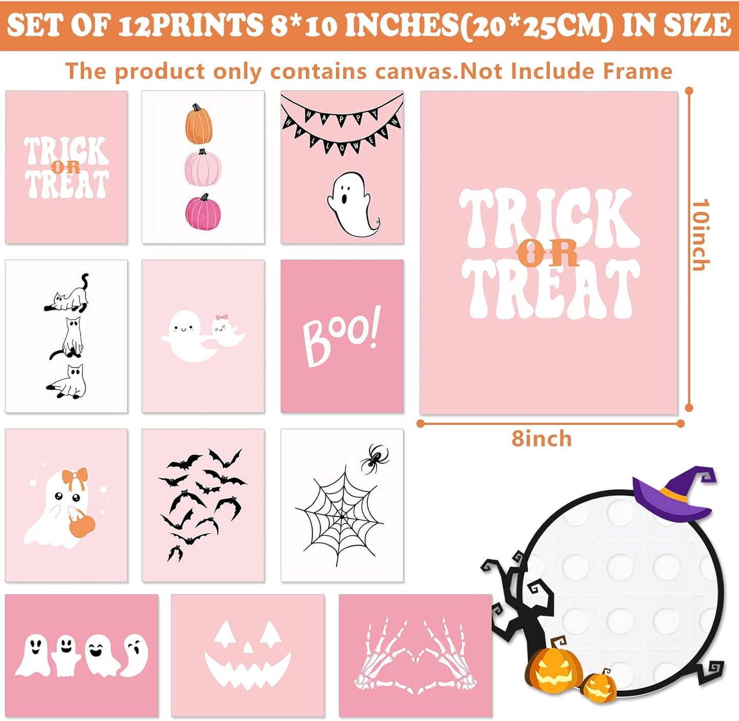 Halloween Wall Art Prints Pink Cute Ghost Boo Paper Posters Halloween Picture Decoration for Party Gallery Living Room Office, 8 X 10 Inch, Unframed