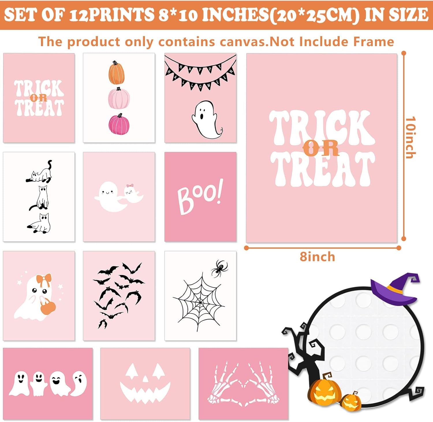 Halloween Wall Art Prints Pink Cute Ghost Boo Paper Posters Halloween Picture Decoration for Party Gallery Living Room Office, 8 X 10 Inch, Unframed